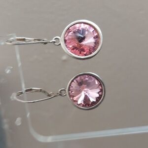 Sterling Silver Round Pink Crystal Drop Dangle Lever Back Earrings